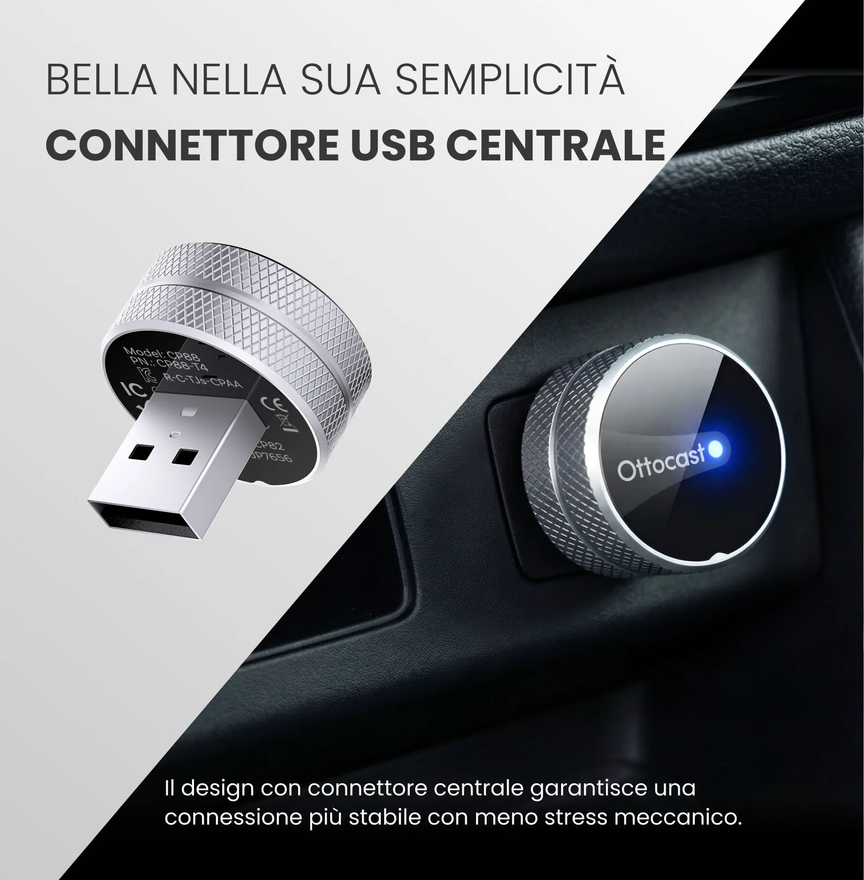 OTTOCAST®Mini Tube – Adattatore Wireless CarPlay e Android Auto - Image 2